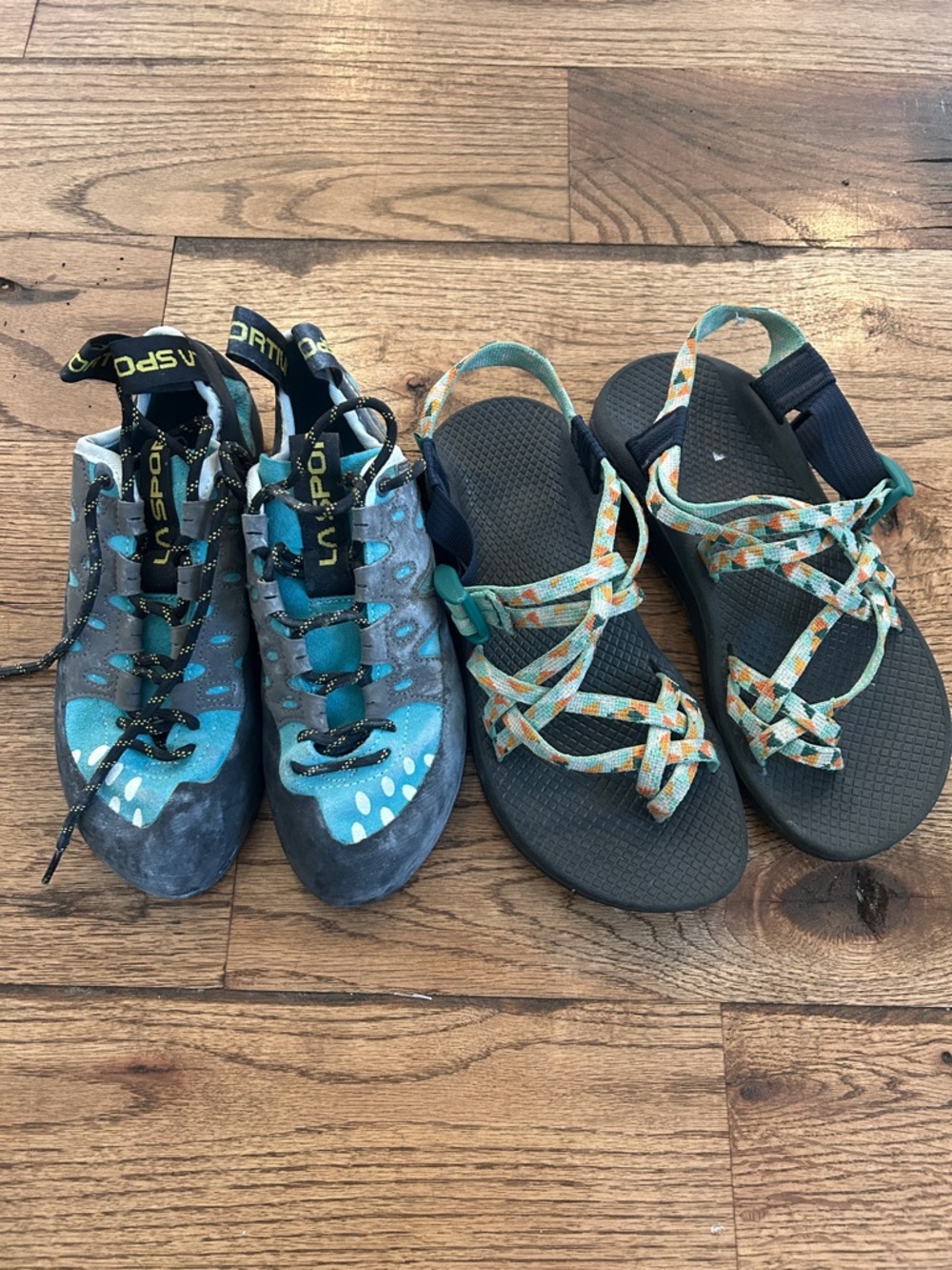 La Sportiva Teal and Black Climbing Shoes & Chaco Strap Sandals Bundle